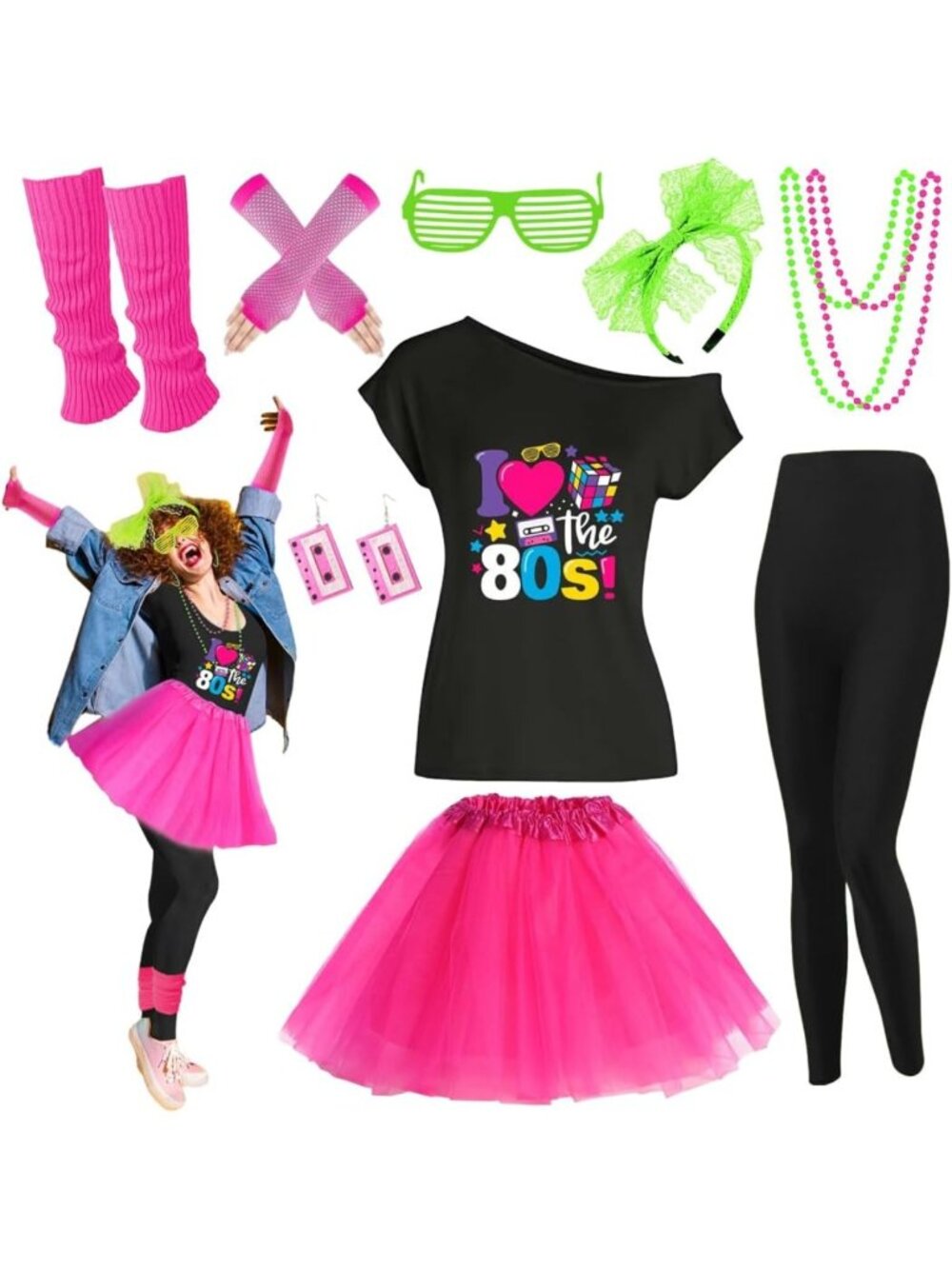 Retro 80s Women's Costume Set - T-Shirt, Shorts, Tutu Skirt, Leg Warmers